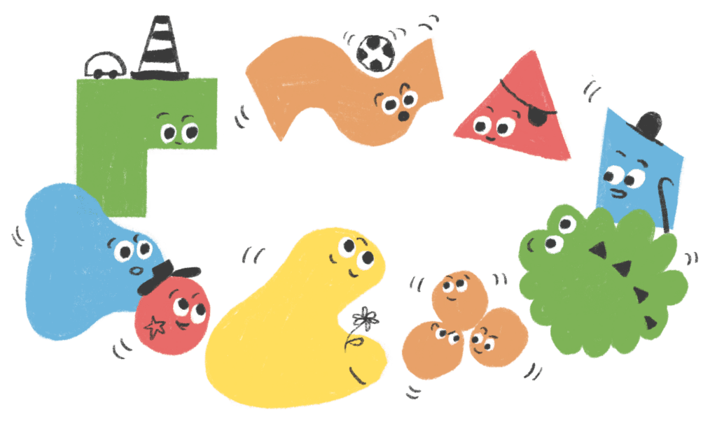 A collection of colourfull shapes that have eyes and ate playing together